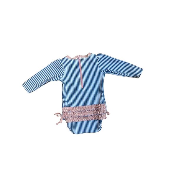 RuffleButts Baby Girl Seersucker Long Sleeve Rash Guard Swimsuit 6–12M Blue Pink - Picture 5 of 8